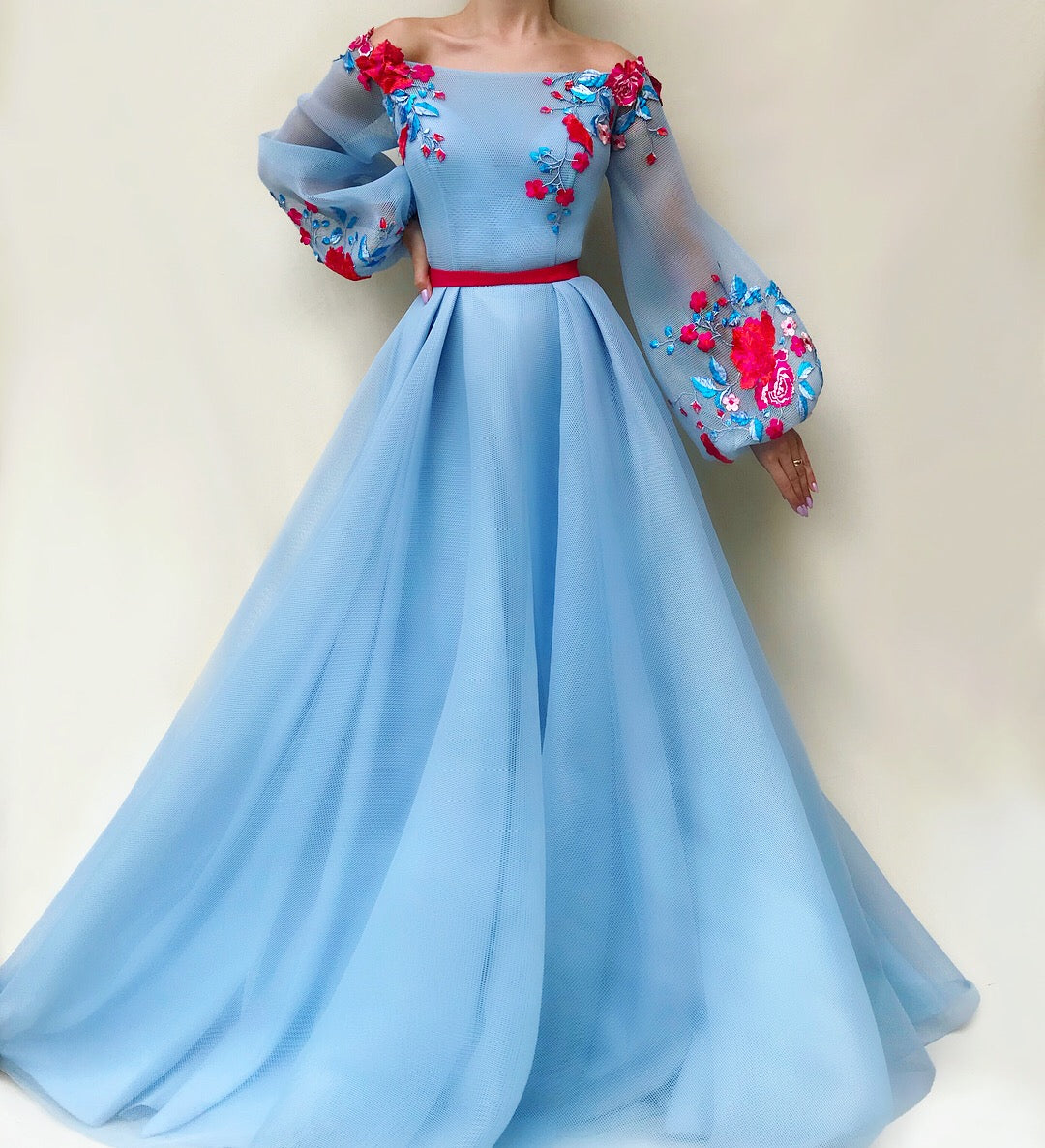 Blue A-Line dress with long off the shoulder sleeves and embroidery