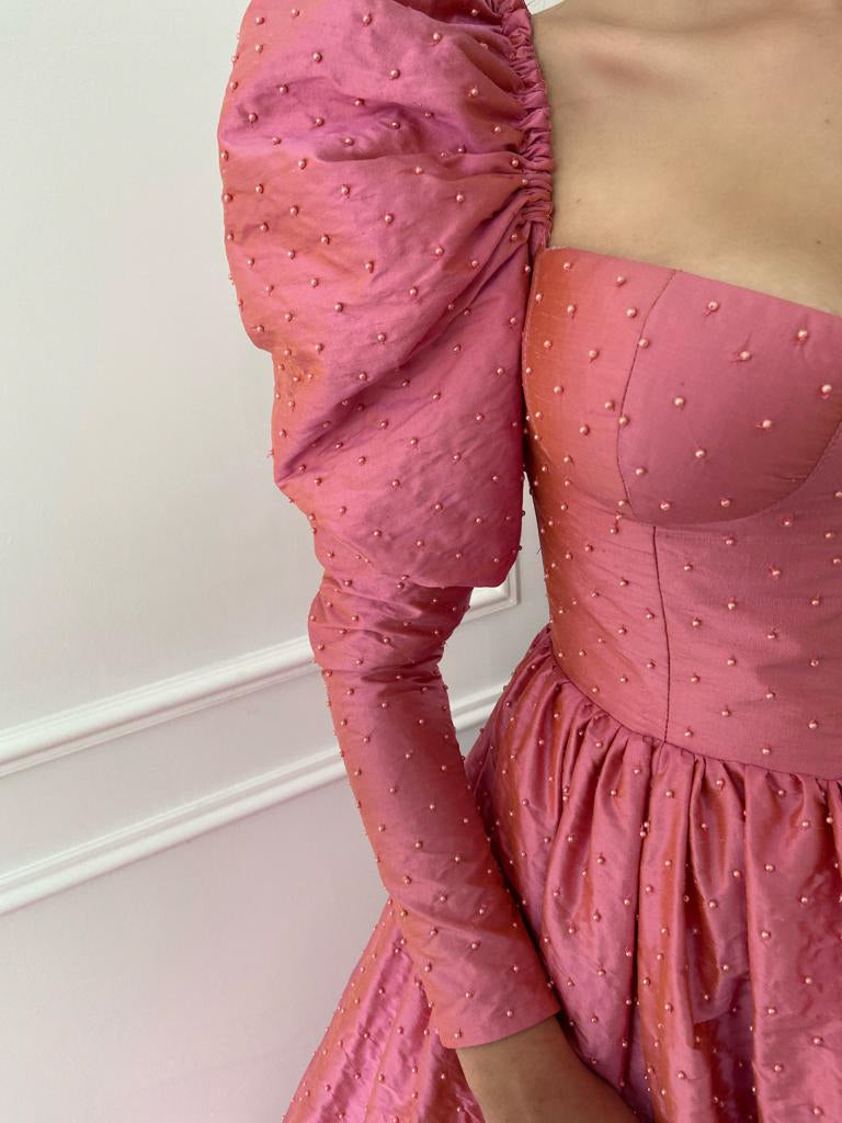 Pink A-Line dress with beading and long sleeves
