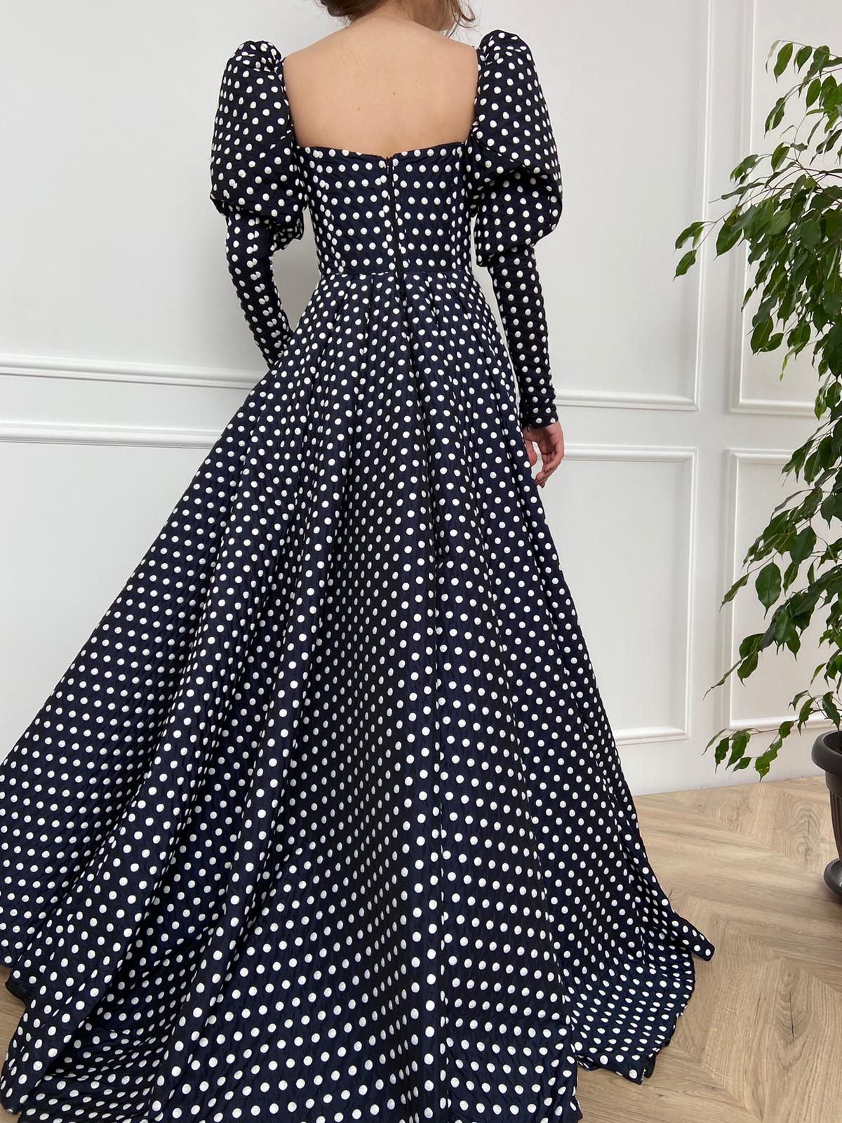 Black A-Line dotted dress with long sleeves