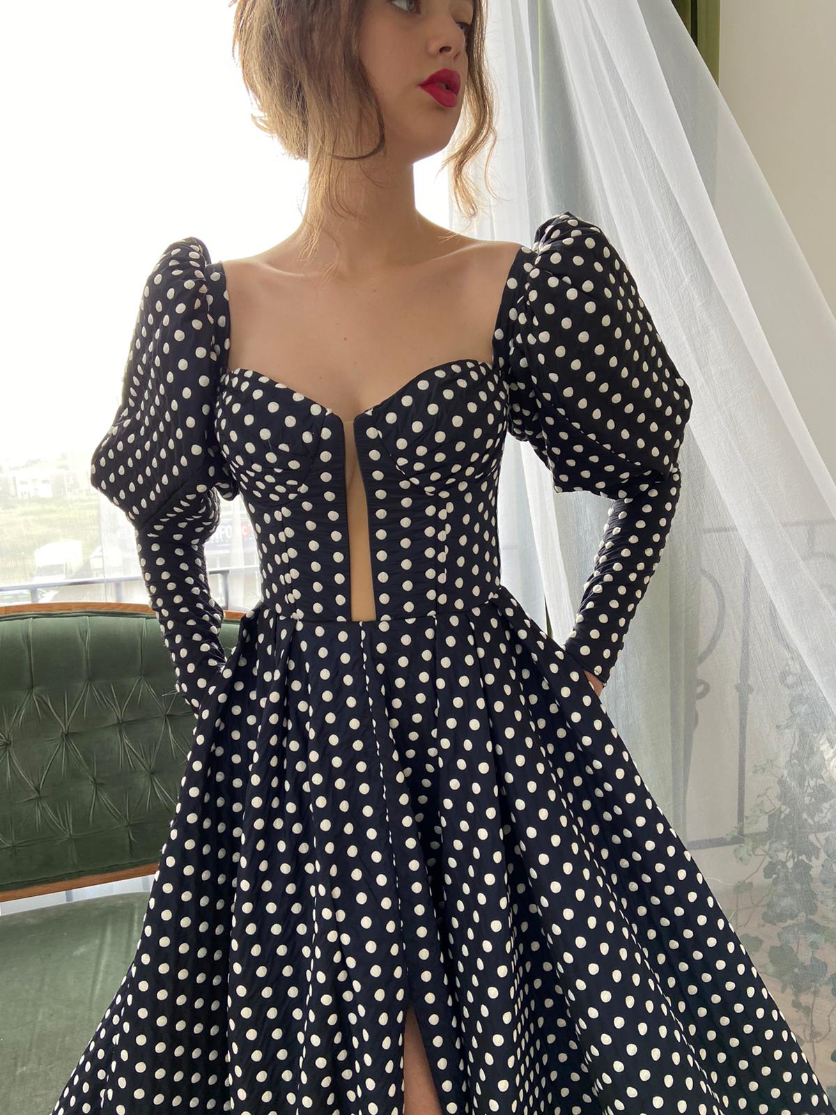 Black A-Line dotted dress with long sleeves