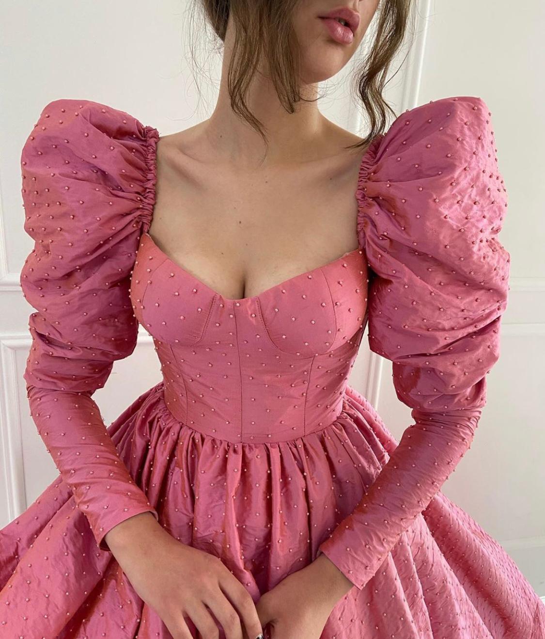 Pink A-Line dress with beading and long sleeves