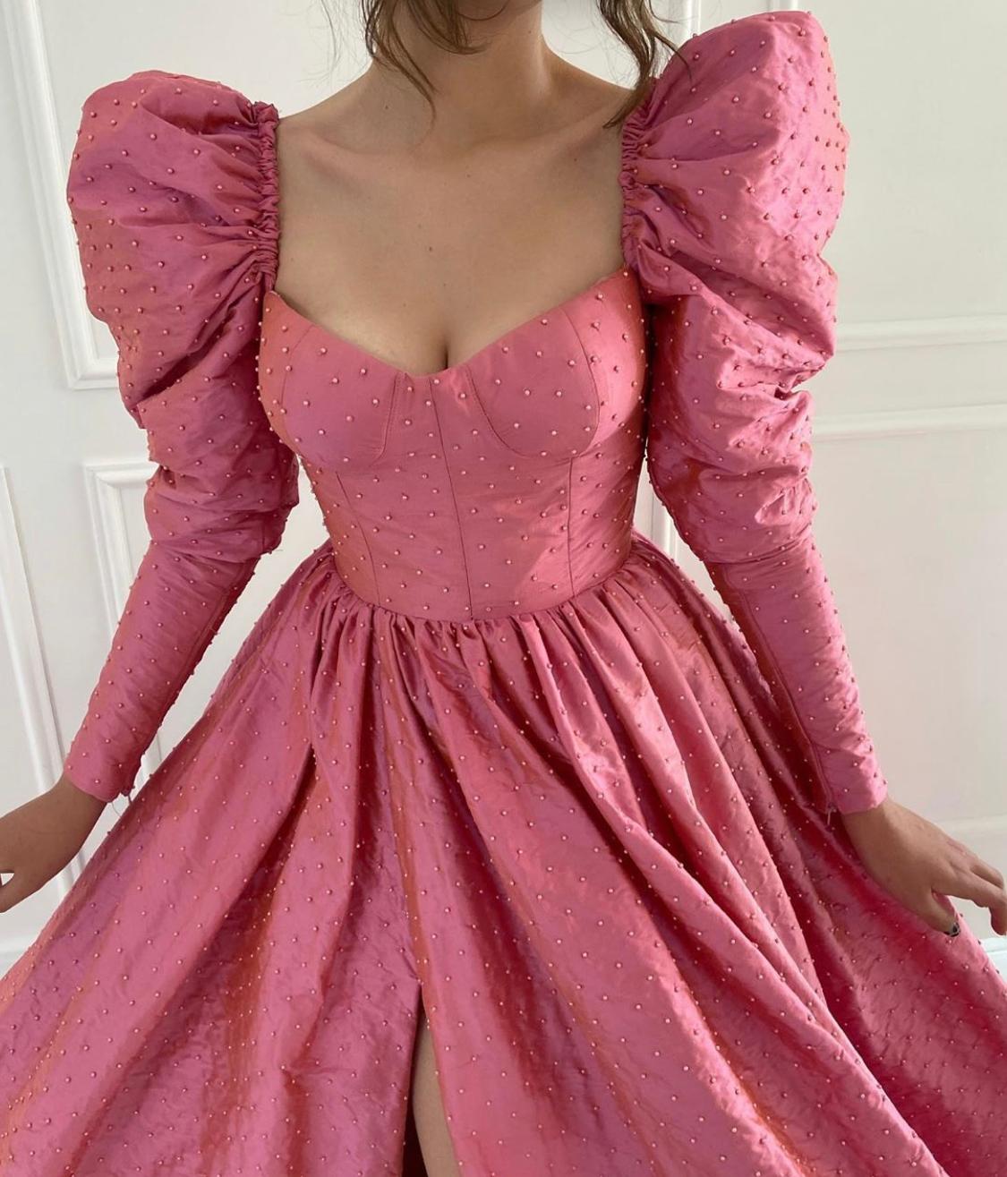 Pink A-Line dress with beading and long sleeves