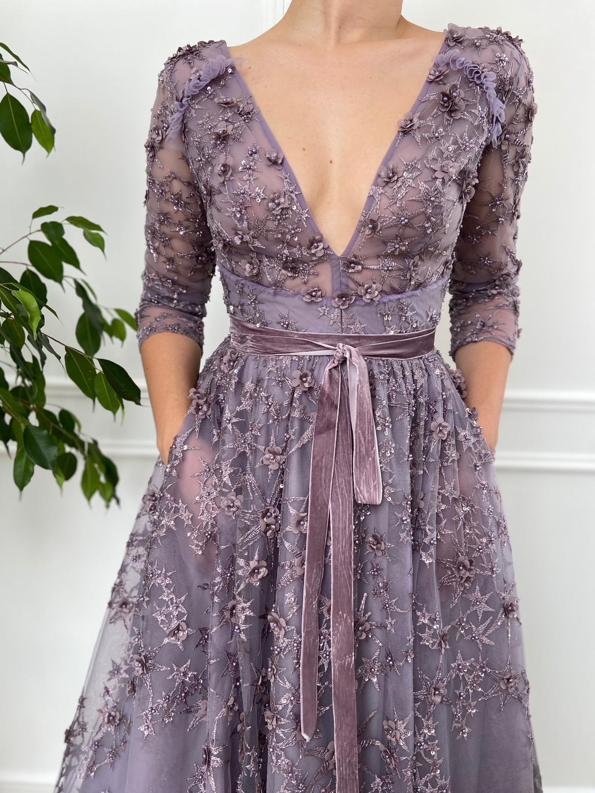 Purple A-Line dress with lace, v-neck and long sleeves