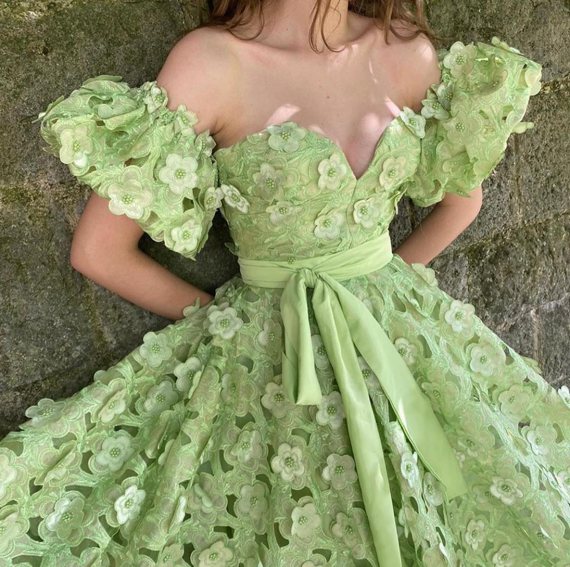 Green A-Line dress with off the shoulder sleeves and flowers