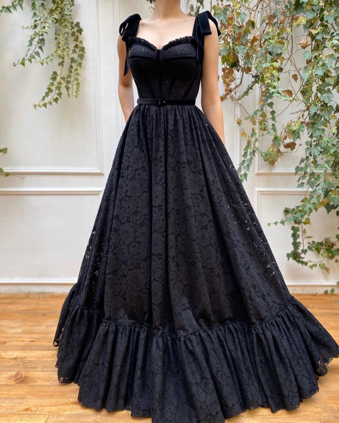 Black A-Line dress with straps and lace