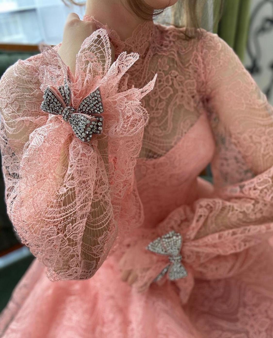 Pink A-Line dress with embroidery and long sleeves