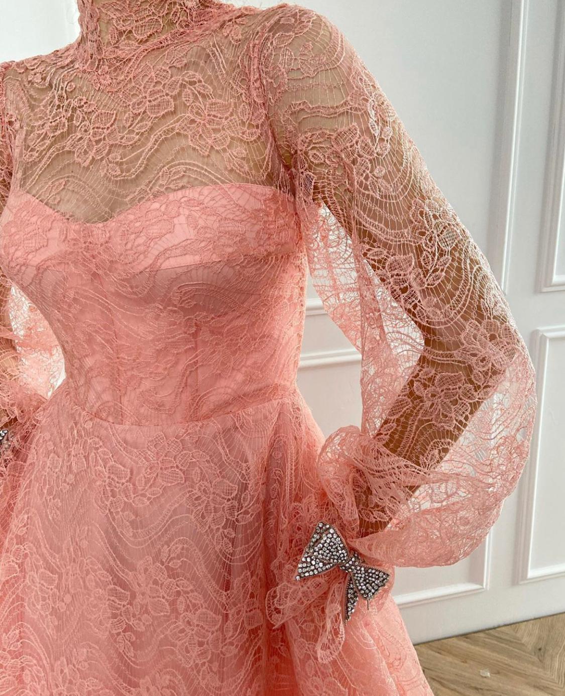 Pink A-Line dress with embroidery and long sleeves