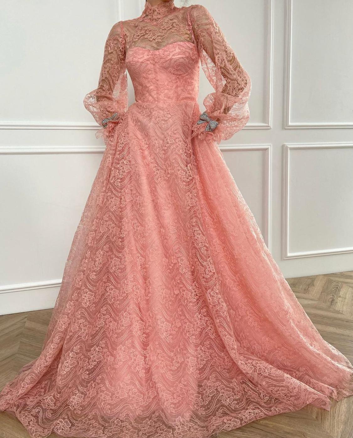 Pink A-Line dress with embroidery and long sleeves