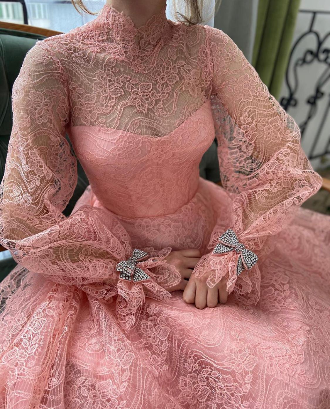 Pink A-Line dress with embroidery and long sleeves