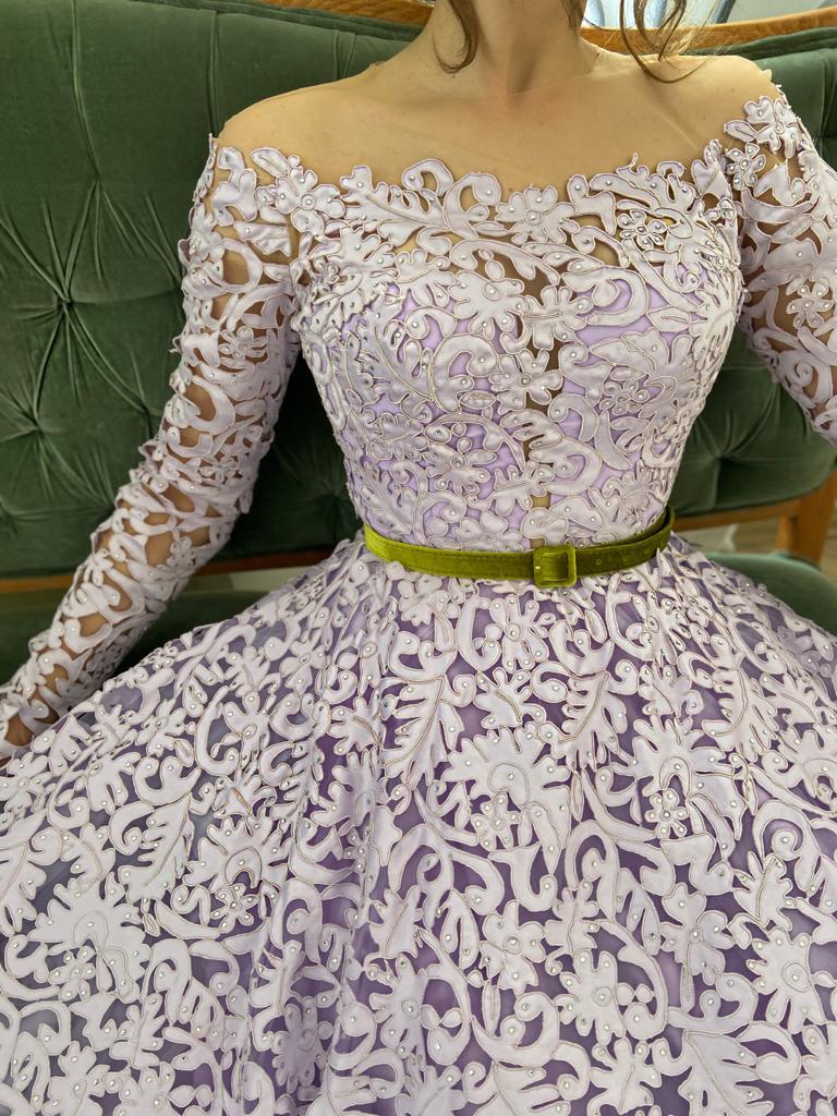 Purple A-Line dress with belt and long off the shoulder sleeves