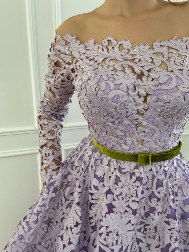 Purple A-Line dress with belt and long off the shoulder sleeves