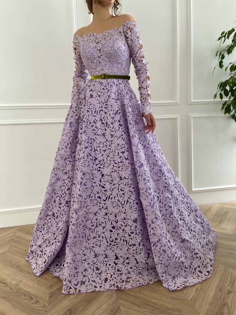 Purple A-Line dress with belt and long off the shoulder sleeves
