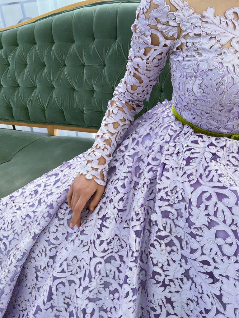Purple A-Line dress with belt and long off the shoulder sleeves
