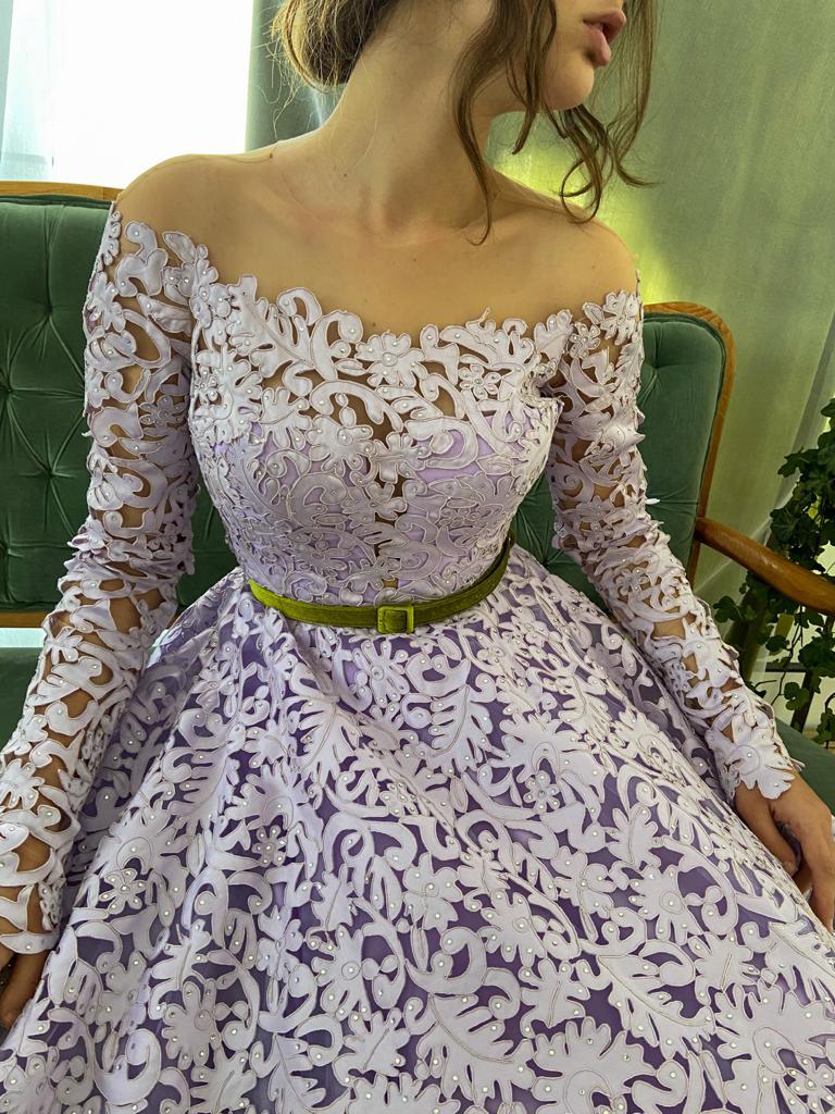 Purple A-Line dress with belt and long off the shoulder sleeves
