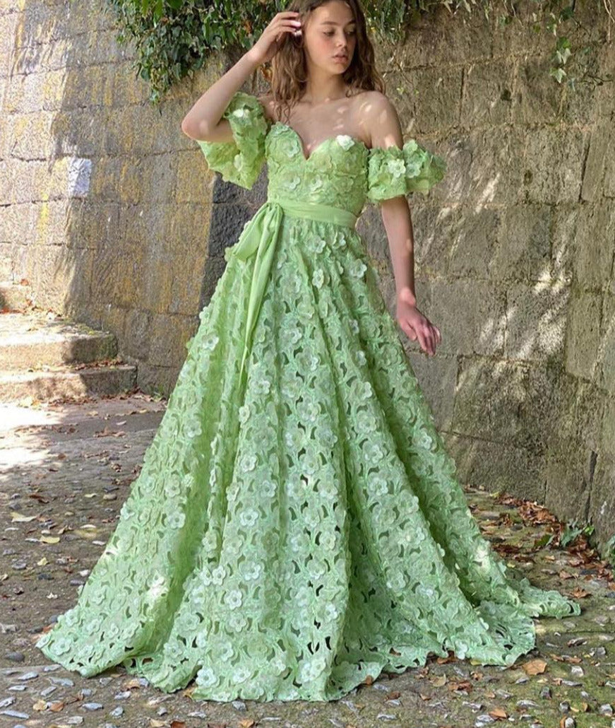 Green A-Line dress with off the shoulder sleeves and flowers