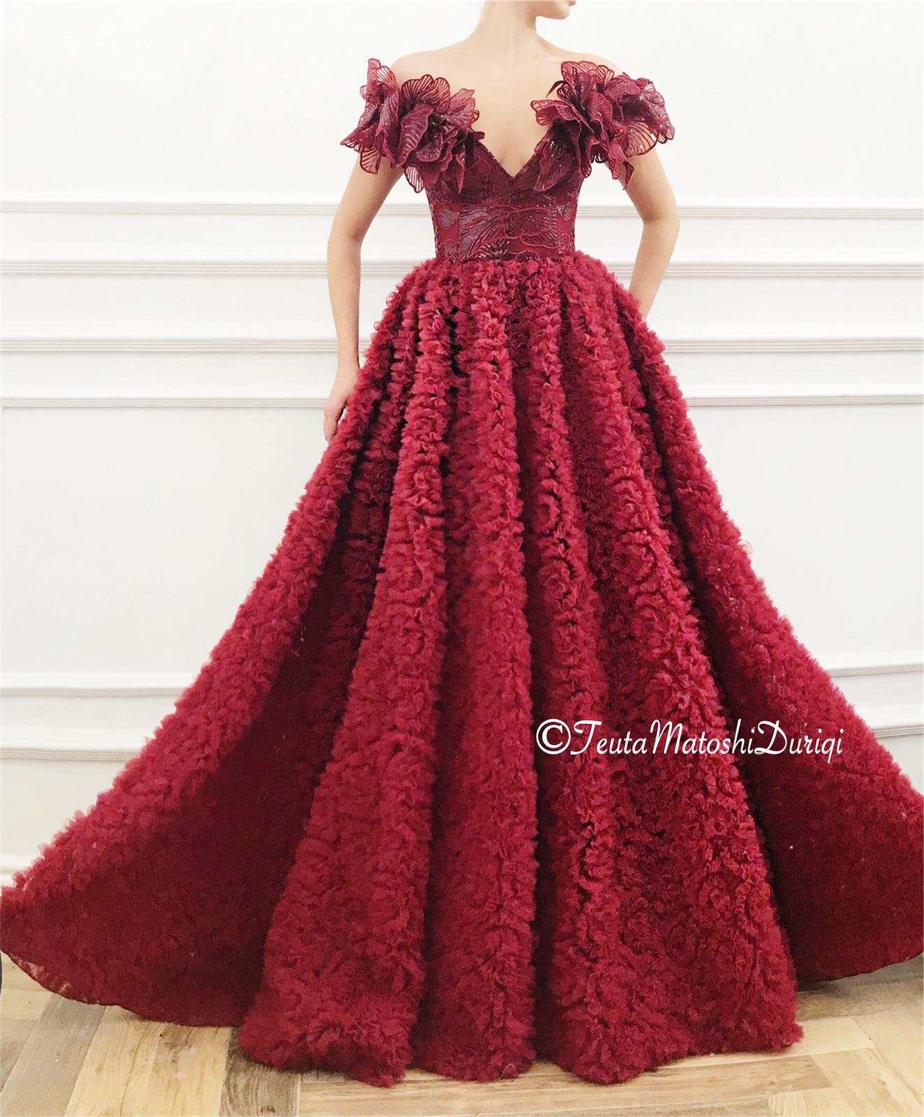 Red A-Line dress with off the shoulder sleeves, embroidery and v-neck