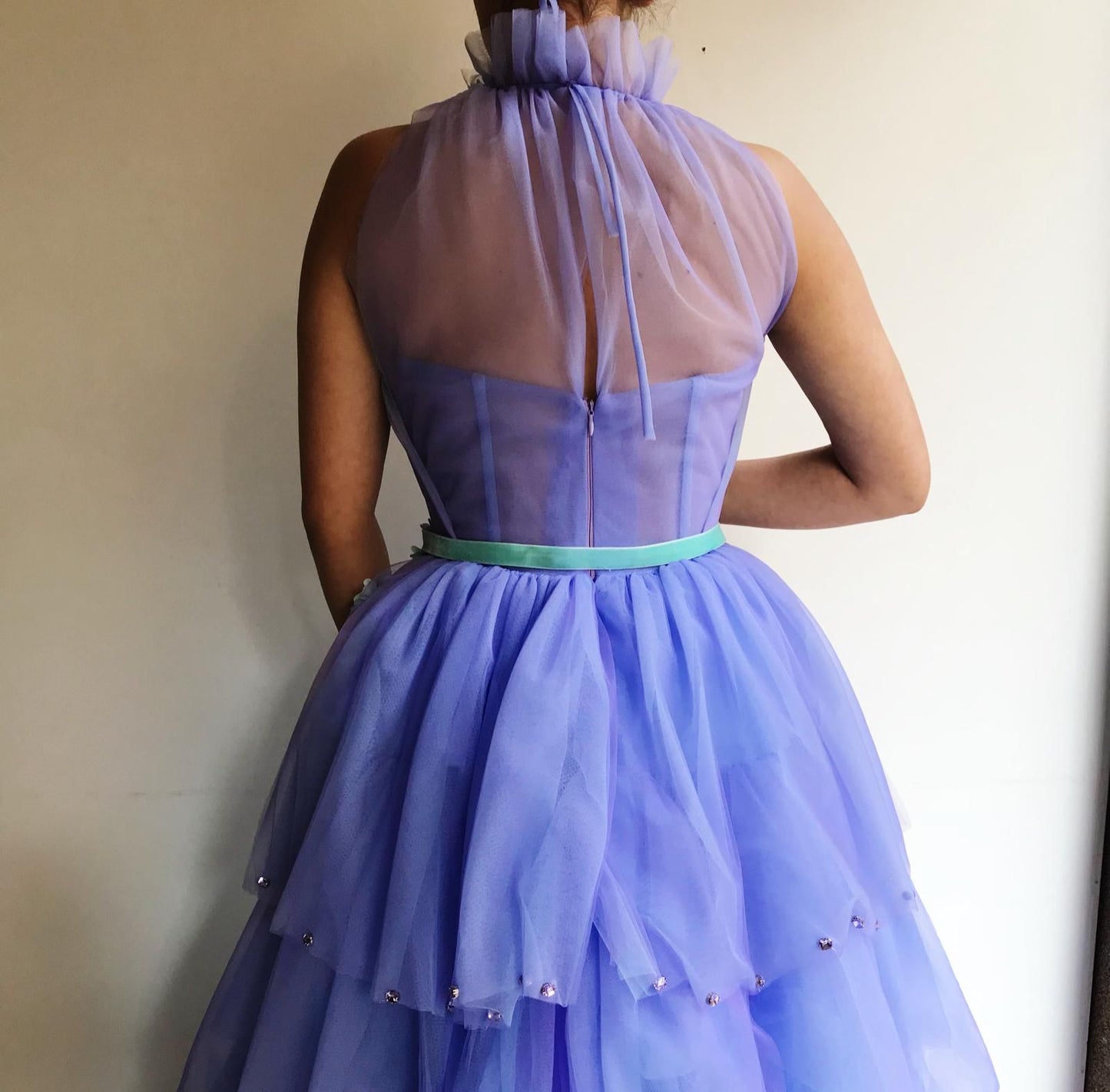 Purple A-Line dress with no sleeves and embroidery