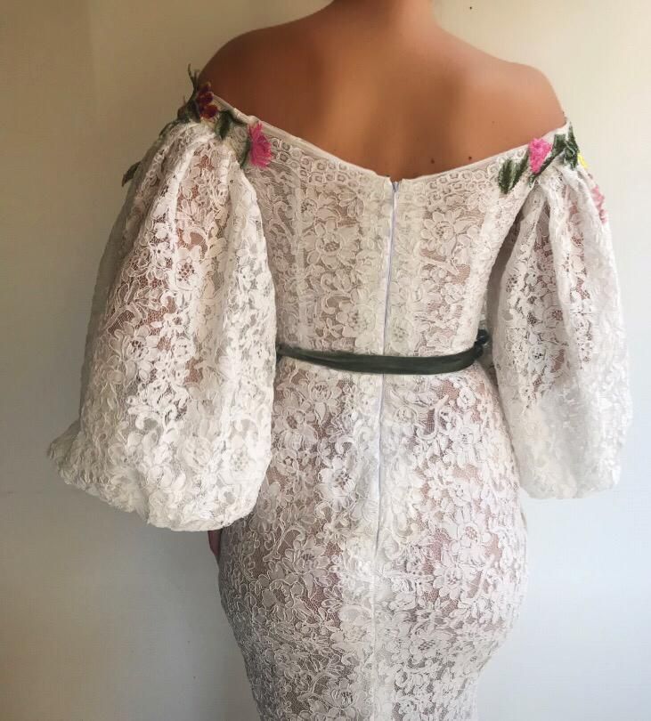 White mermaid dress with lace, embroidery and short off the shoulder sleeves