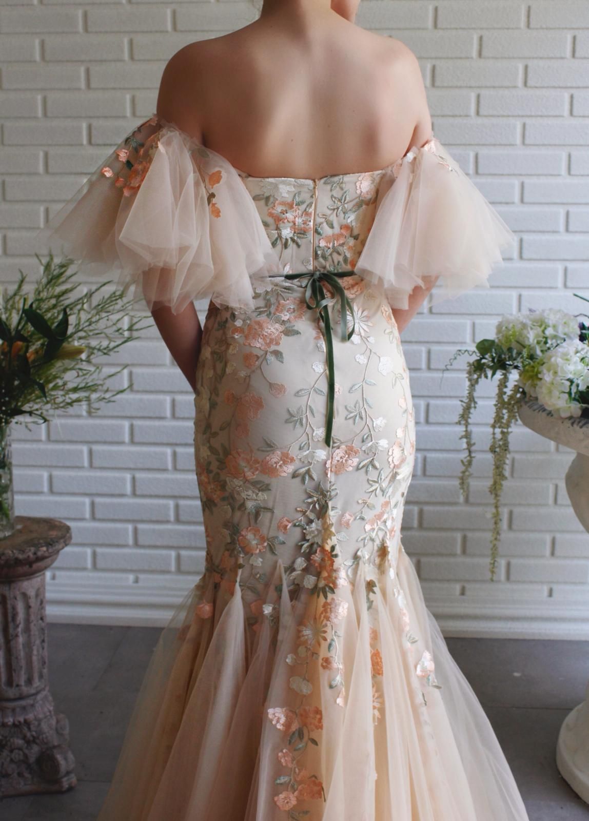 Beige mermaid dress with embroidery and off the shoulder sleeves