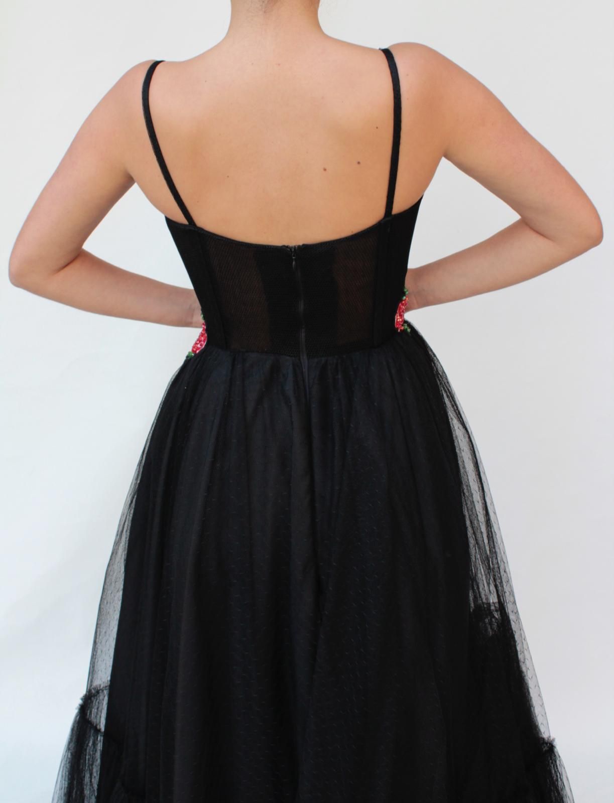 Black A-Line dress with spaghetti straps and embroidery