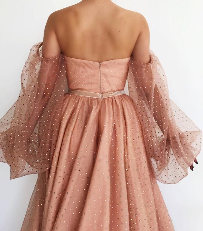 Pink A-Line dress with v-neck, long off the shoulder sleeves and embroidery