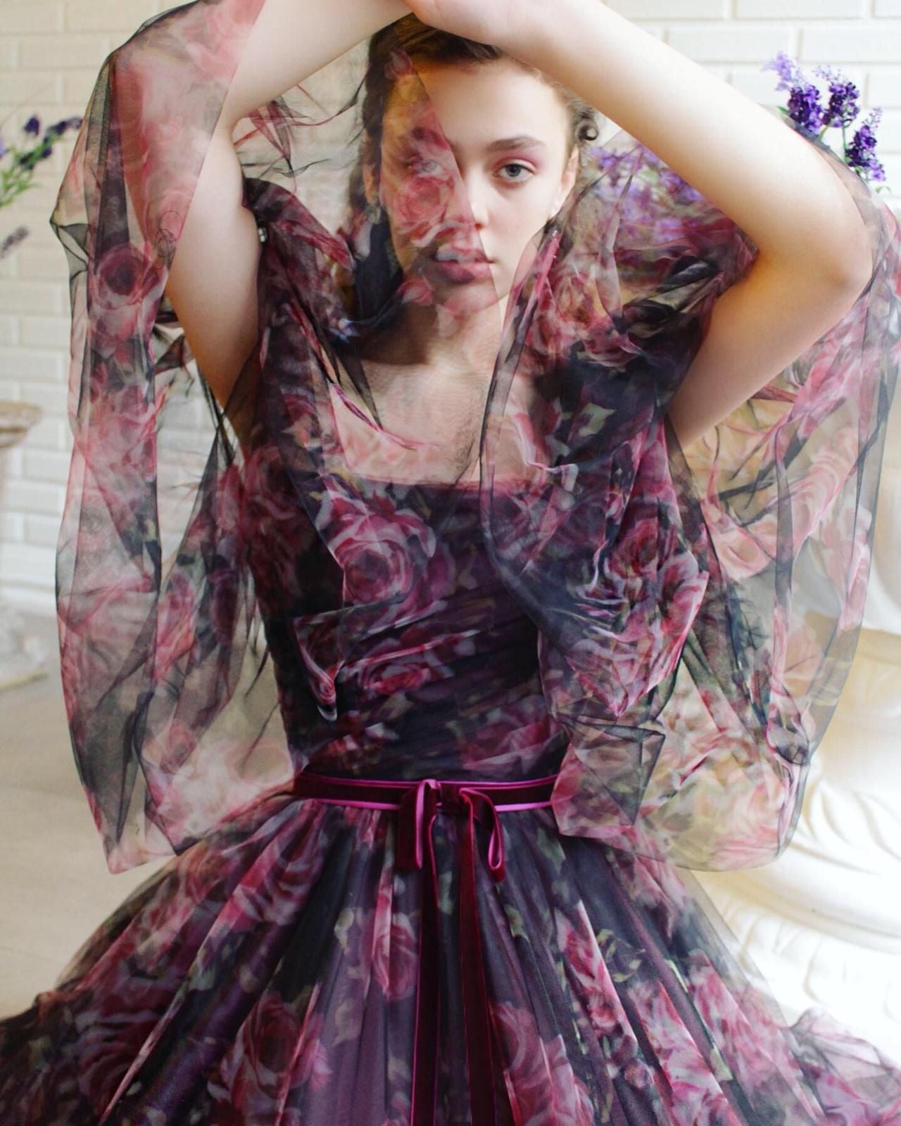 Purple A-Line dress with off the shoulder sleeves and printed flowers