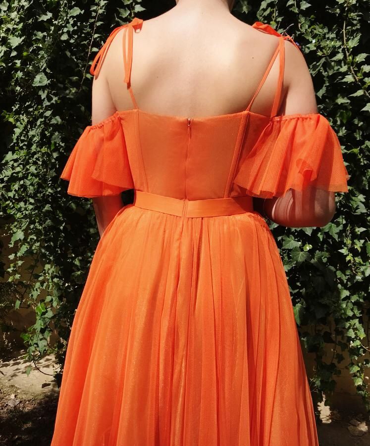 Orange A-Line dress with off the shoulder sleeves, spaghetti straps and embroidery