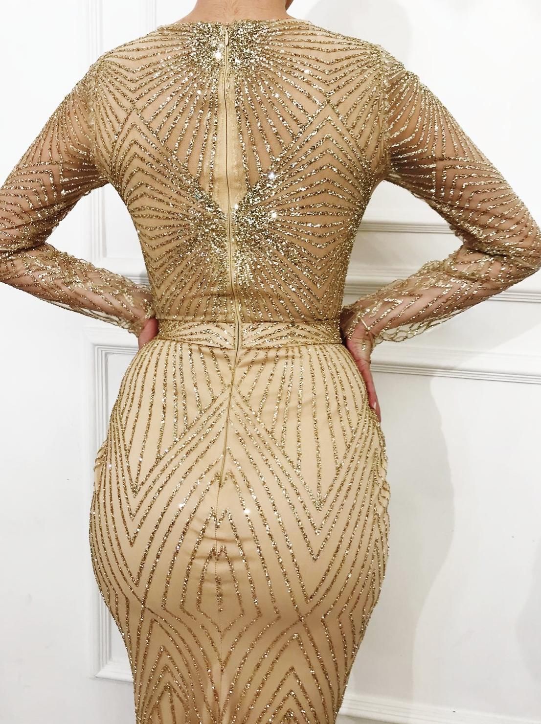 Beige mermaid dress with long sleeves and sequins
