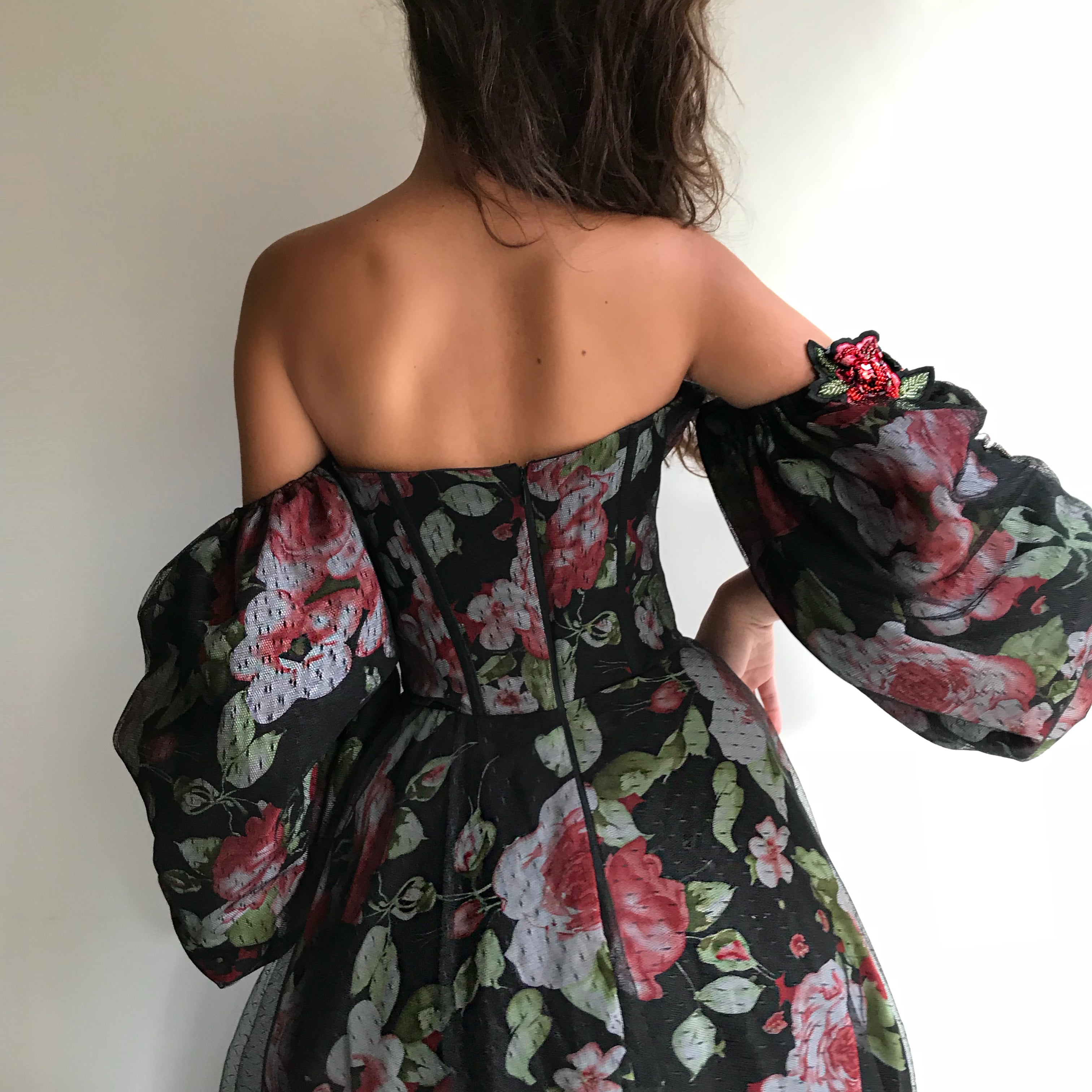 Black A-Line dress with off the shoulder sleeves, embroidery and printed flowers