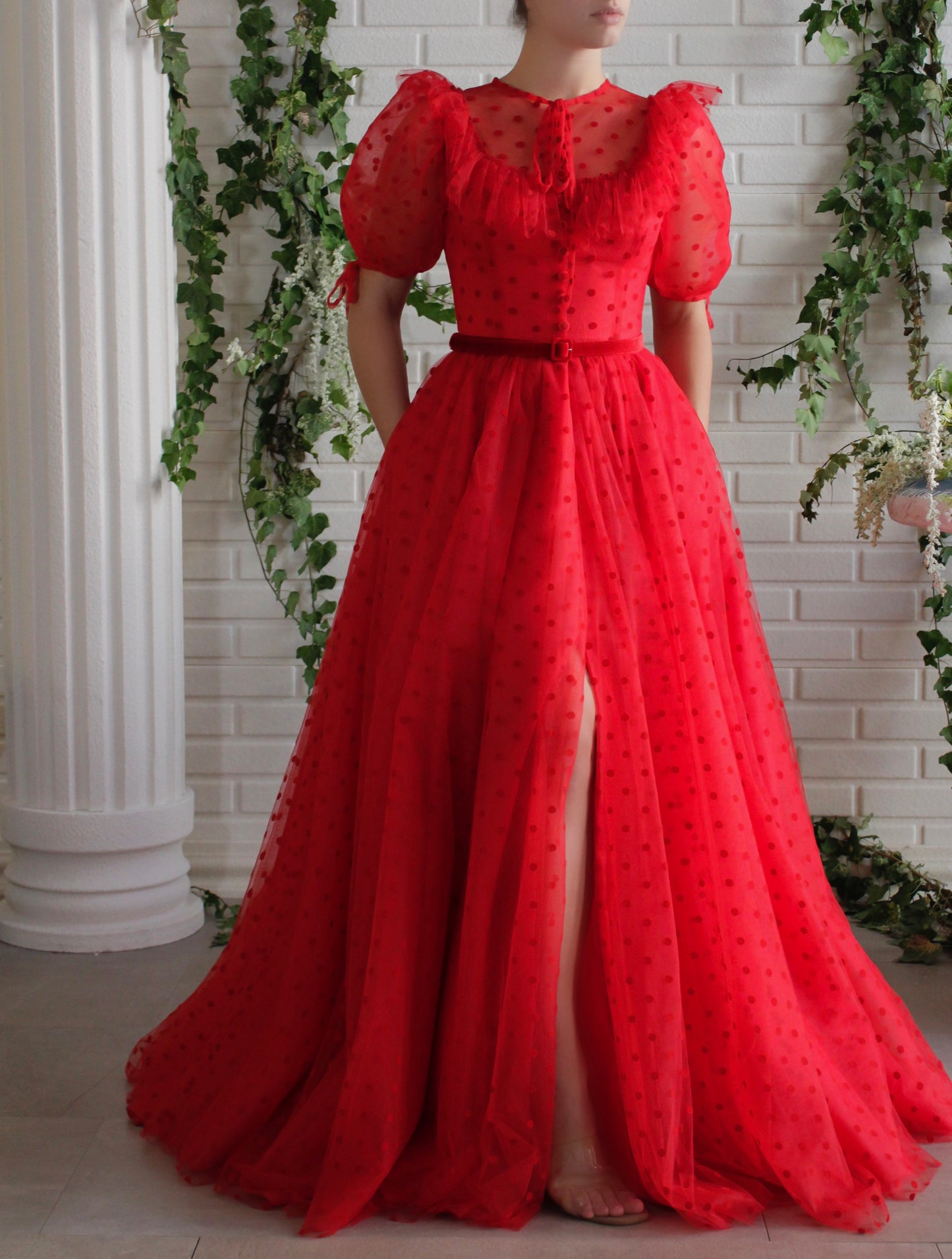 Red A-Line dress with short sleeves and belt