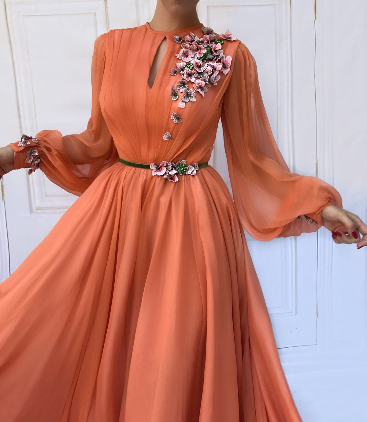 Orange A-Line dress with long sleeves and embroidery