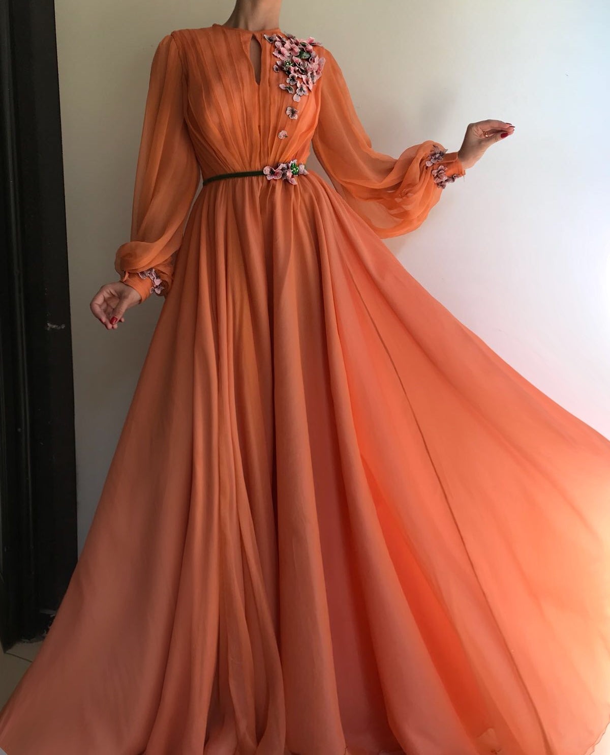 Orange A-Line dress with long sleeves and embroidery