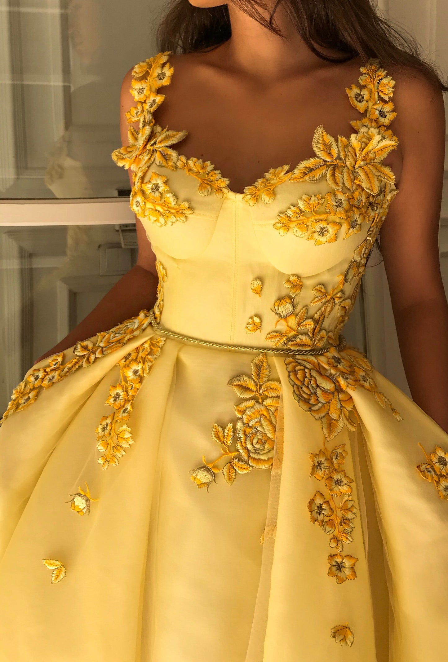 Yellow A-Line dress with straps and embroidery