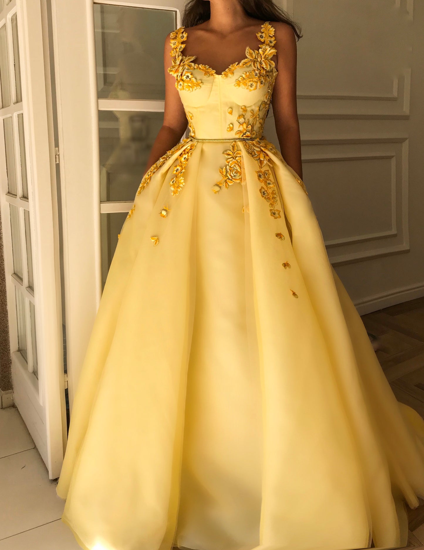 Yellow A-Line dress with straps and embroidery