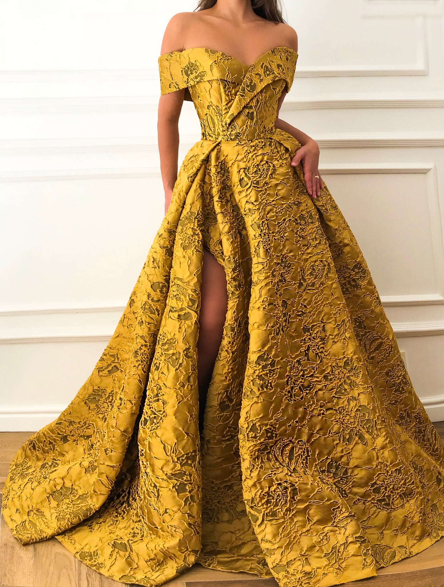 Yellow A-Line dress with off the shoulder sleeves