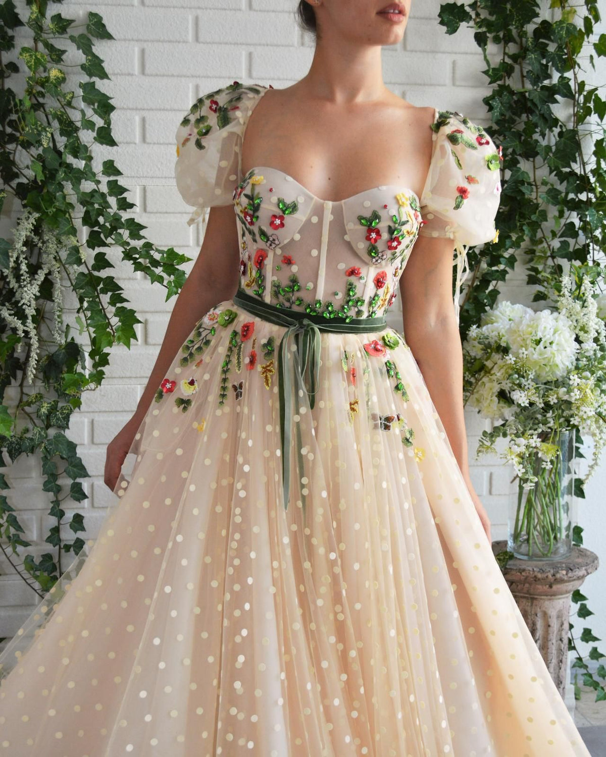 Beige A-Line dress with dotted fabric, short sleeves and embroidery