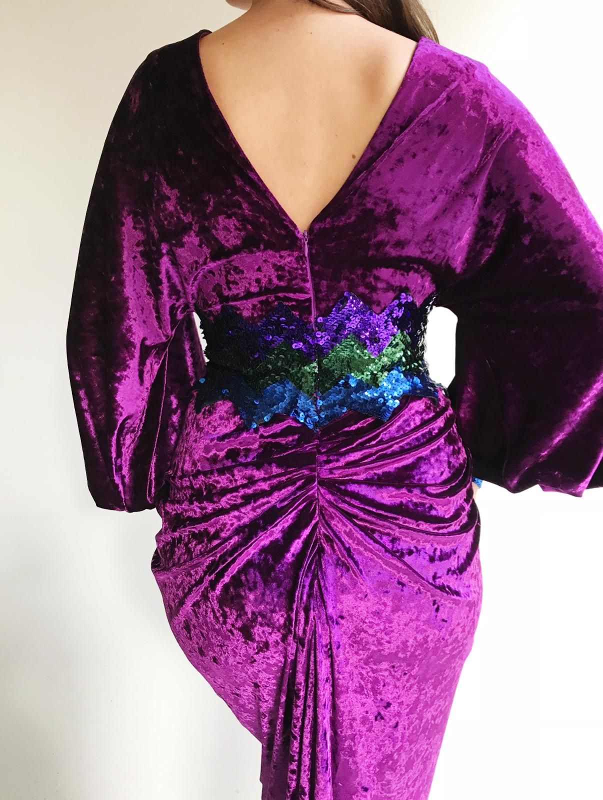 Purple mermaid dress with long sleeves, v-neck and embroidery