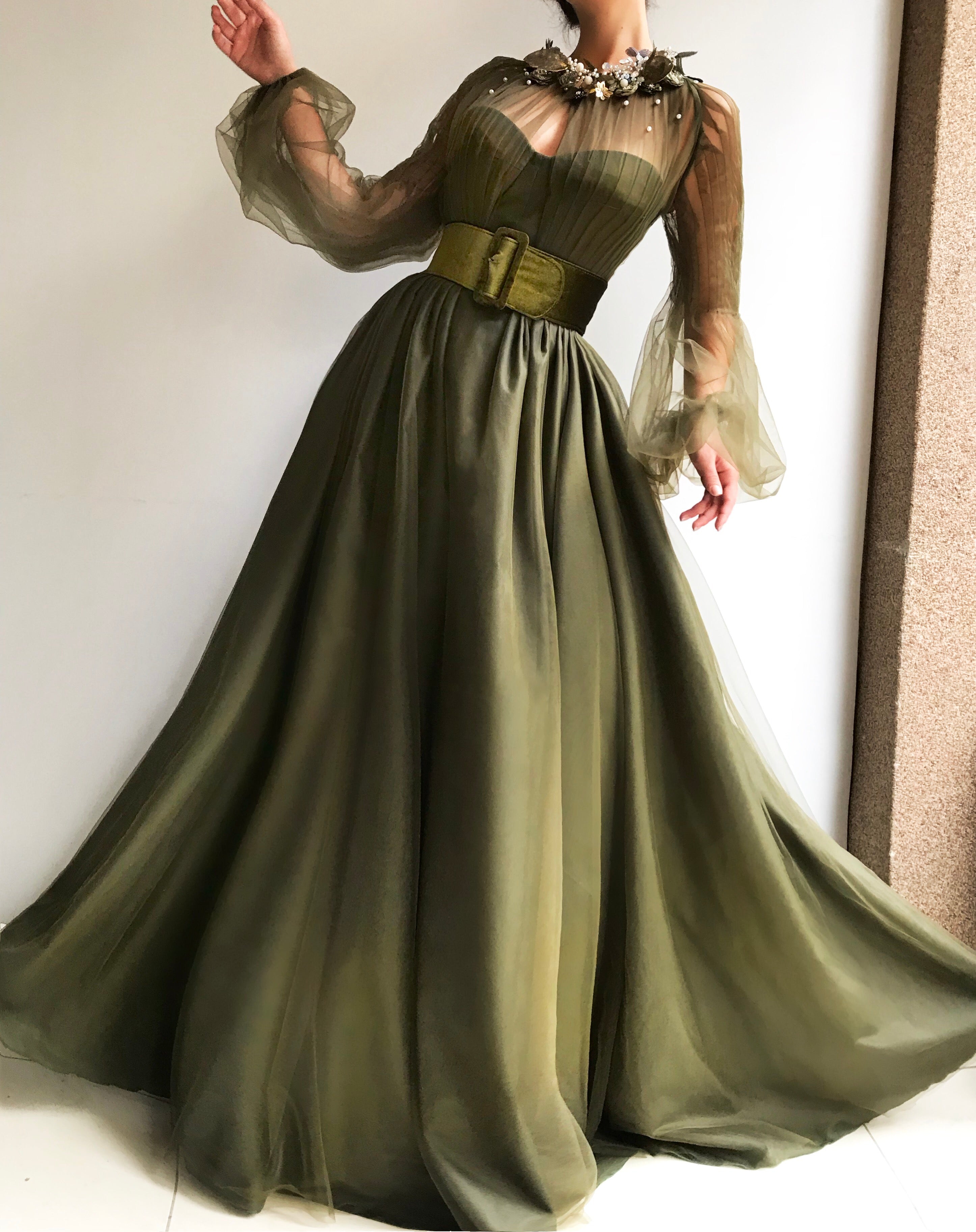 Green A-Line dress with long sleeves, belt and embroidery