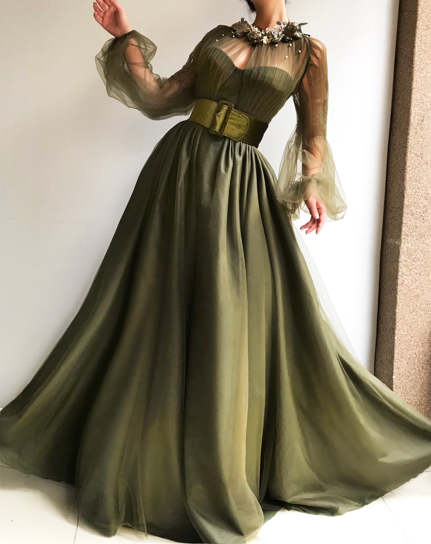Green A-Line dress with long sleeves, belt and embroidery