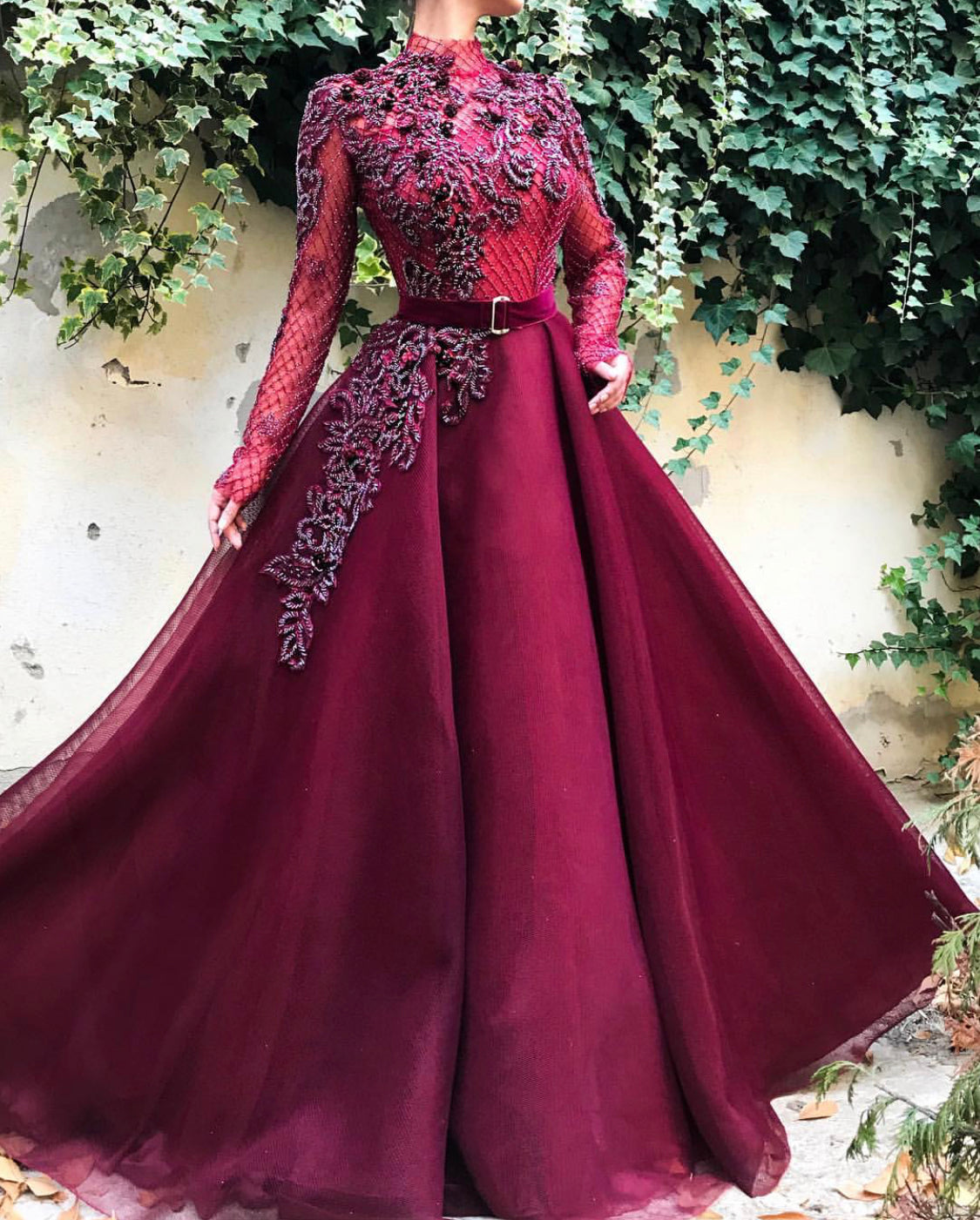Red A-Line dress with long sleeves and embroidery
