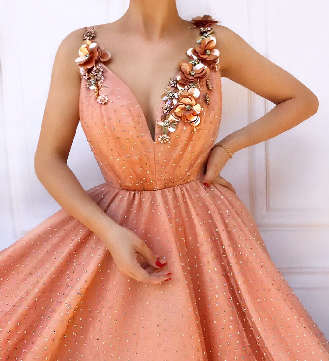 Orange A-Line dress with v-neck, straps and embroidery