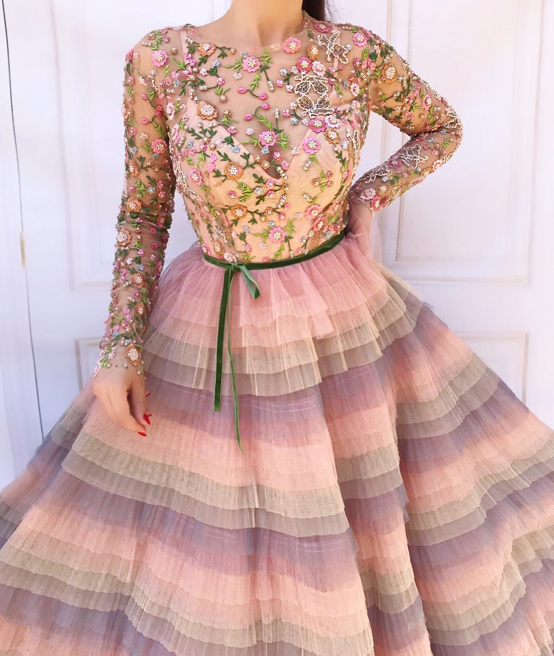 Pink A-Line dress with long sleeves and embroidery