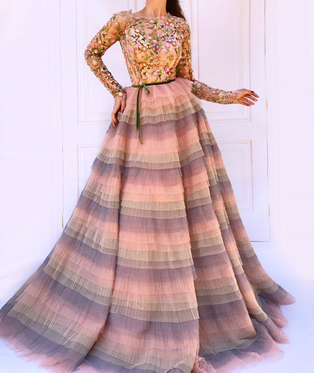 Pink A-Line dress with long sleeves and embroidery