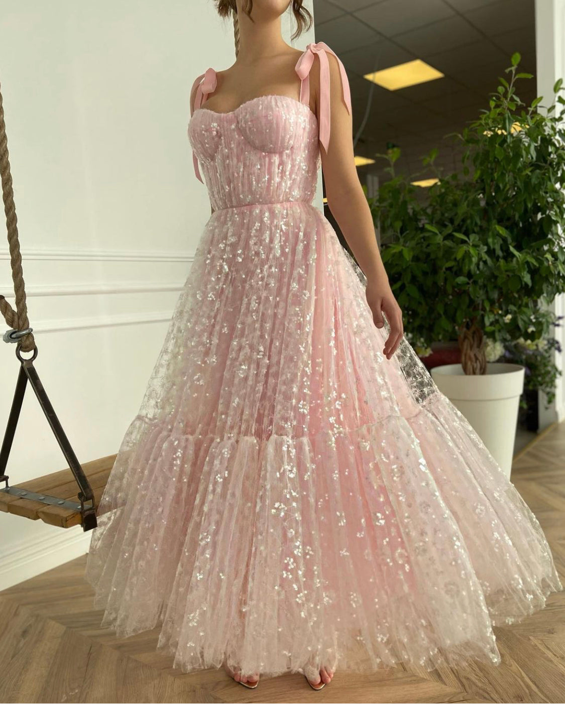 Pink midi dress with bow straps