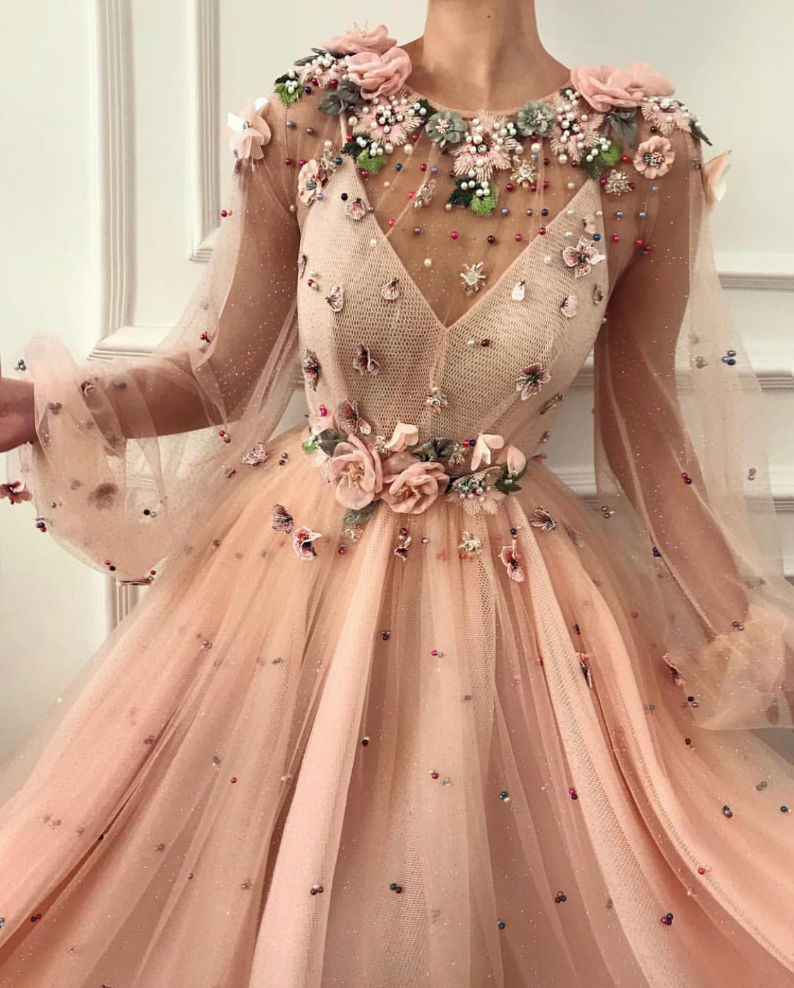 Pink A-Line dress with long sleeves, beading and embroidery