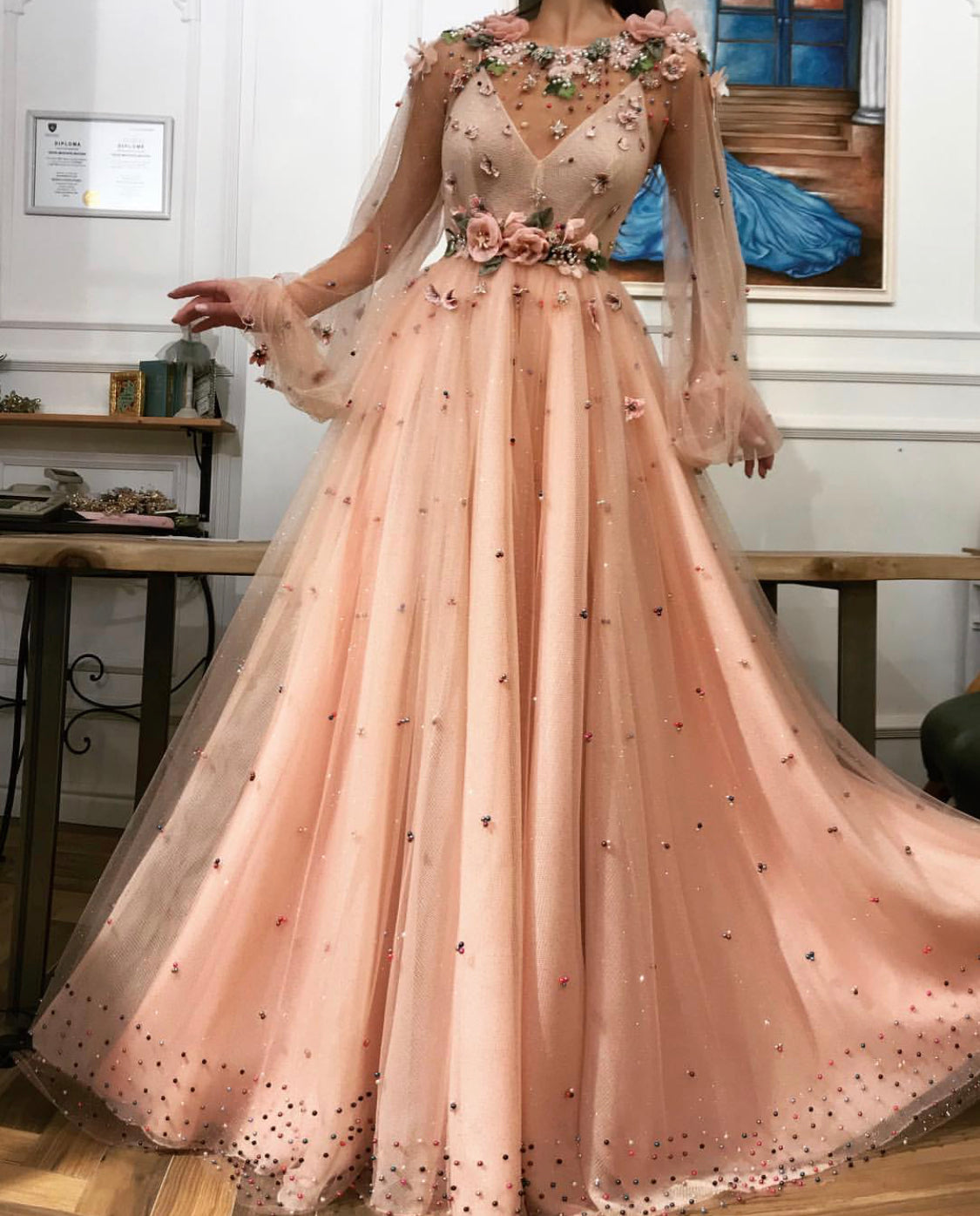 Pink A-Line dress with long sleeves, beading and embroidery