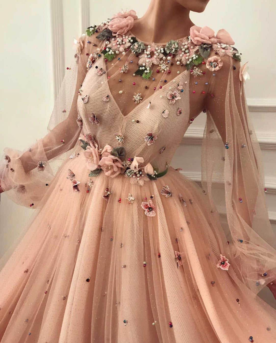 Pink A-Line dress with long sleeves, beading and embroidery