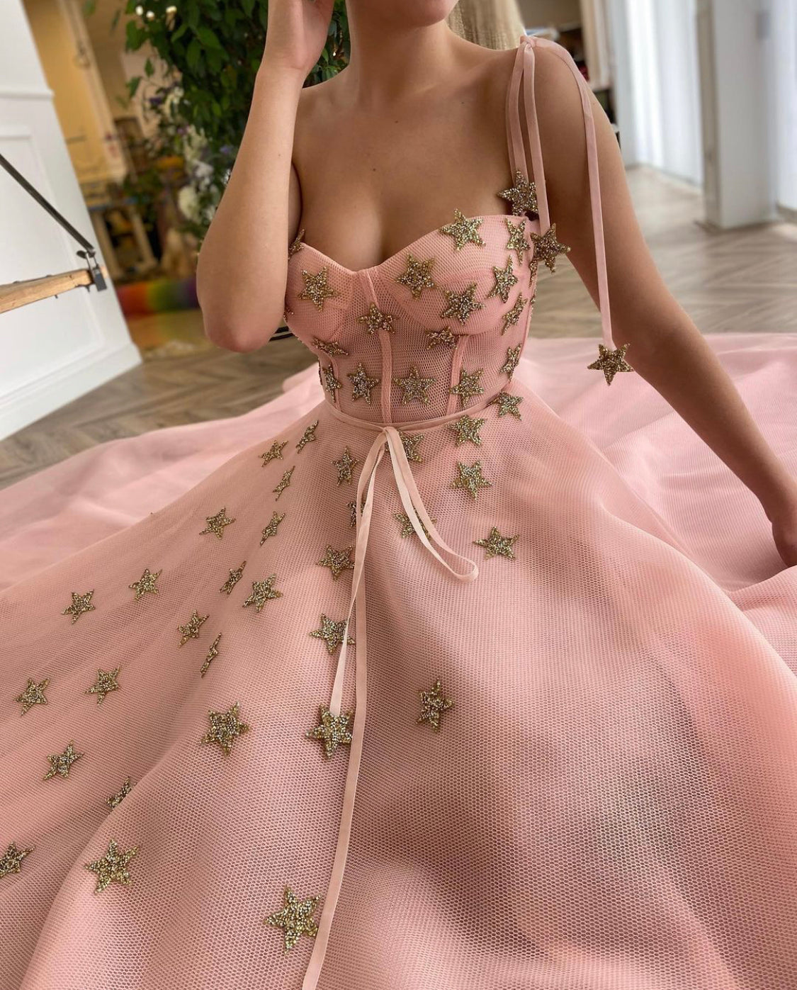 Pink A-Line dress with spaghetti straps and embroidered stars