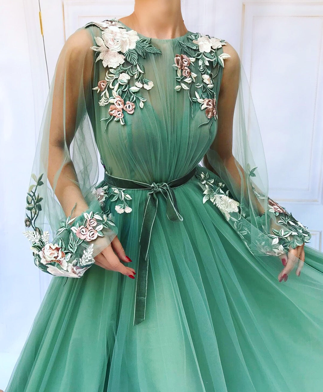 Green A-Line dress with long sleeves and embroidery