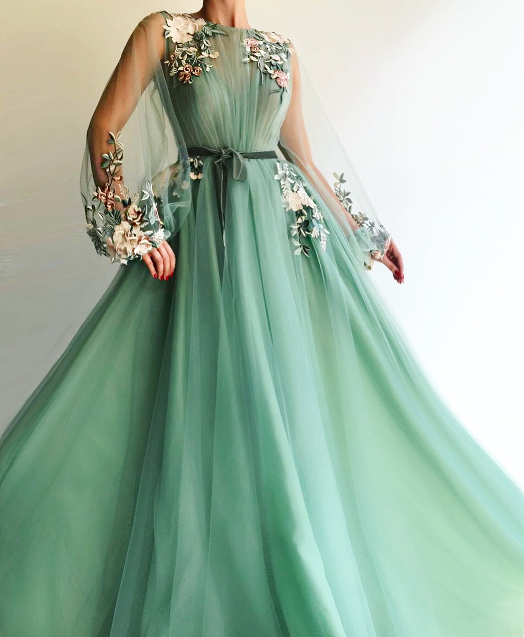 Green A-Line dress with long sleeves and embroidery